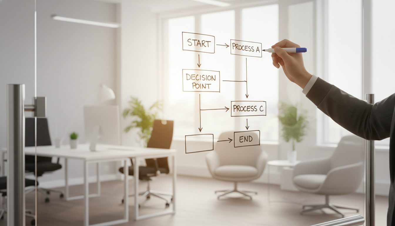 Workflow desenat pe whiteboard în timpul unei sesiuni de consultanță Flowmatic